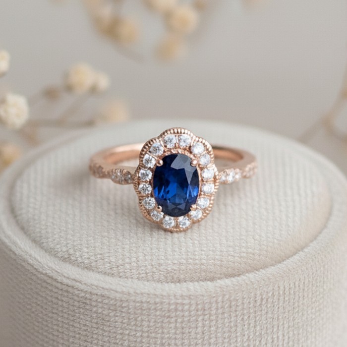 Halo Design Sapphire & Diamond Vintage Ring