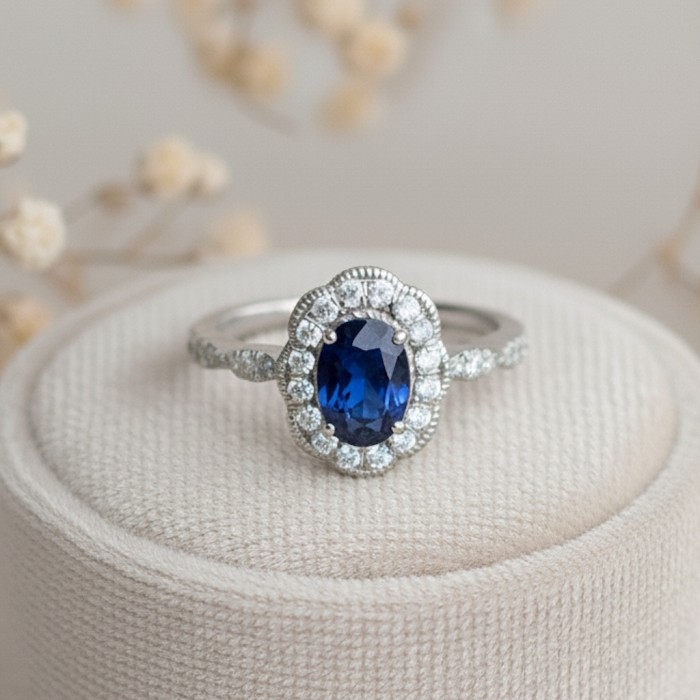 Halo Design Sapphire & Diamond Vintage Ring