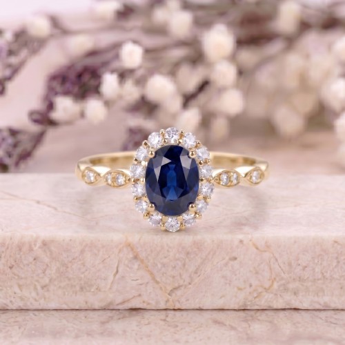 Dark Blue Sapphire & Diamond Vintage Style Ring SS0176