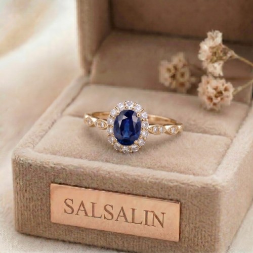 Dark Blue Sapphire & Diamond Vintage Style Ring SS0176
