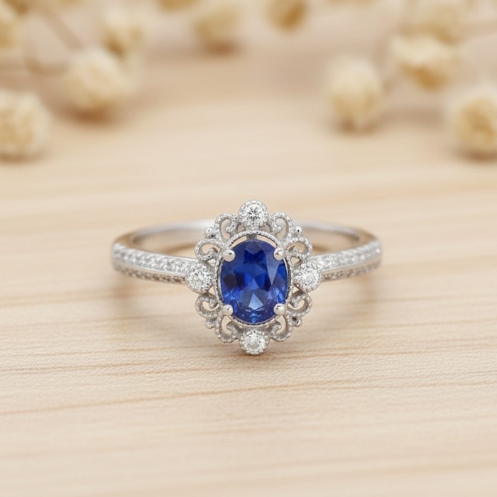 Naturel Mavi Safir Ve Pırlanta Vintage Yüzük