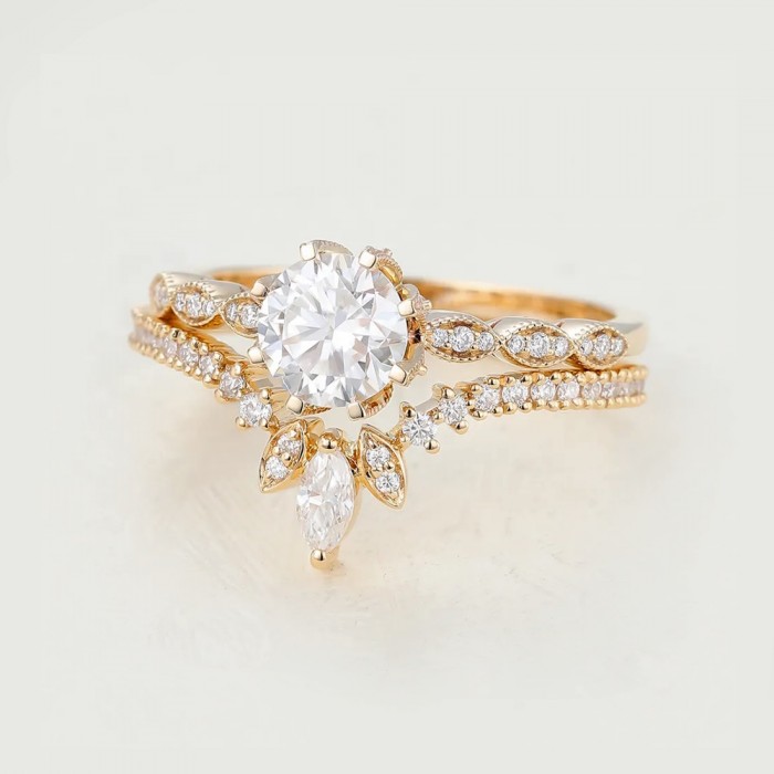 Vintage 2PCS Ring White Topaz & Diamond 