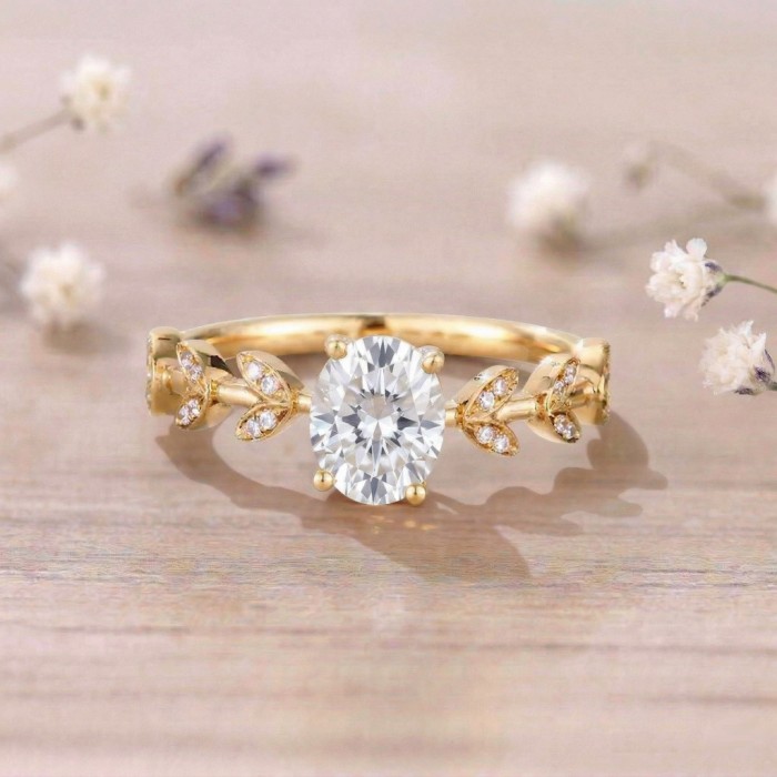 Leaf Design Oval White Topaz & Diamond Gold Ring