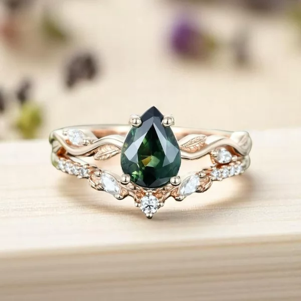 Pear Green Tourmaline & Diamond Leaf Set Ring SS0192