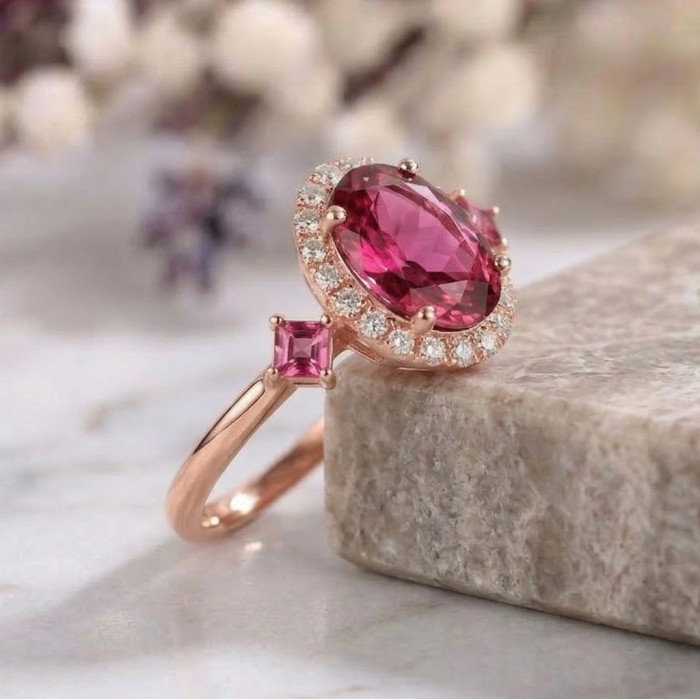Pembe Turmalin Ve Pırlanta Halo Model Yüzük