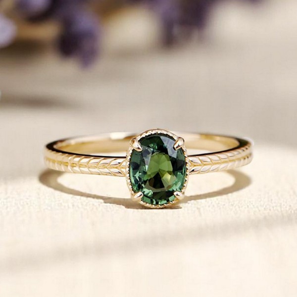 Oval Green Tourmaline Leaf Design Gold Ring