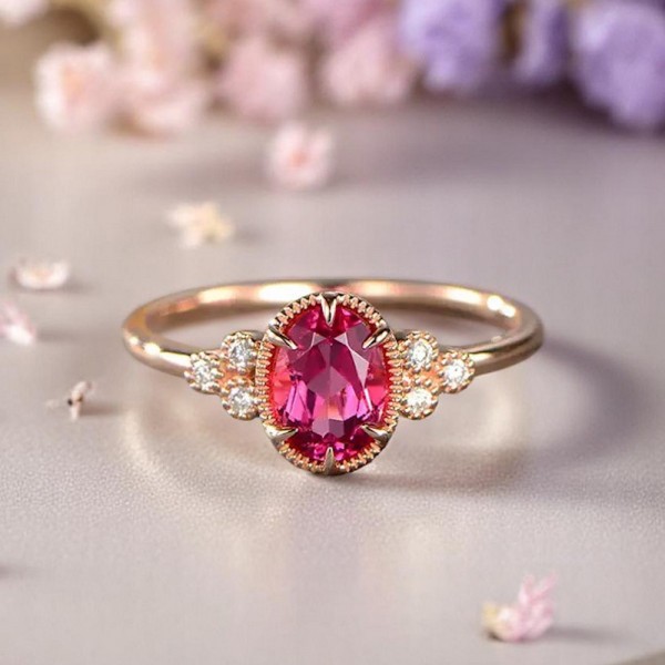 Pembe Turmaline Ve Pırlanta Vintage Yüzük SS0055