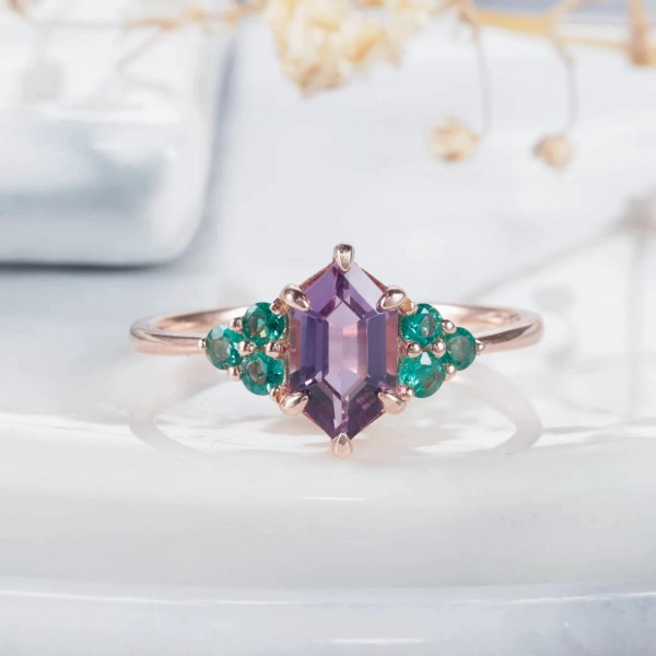 Hexagon Amethyst & Emerald 14K Gold Ring 