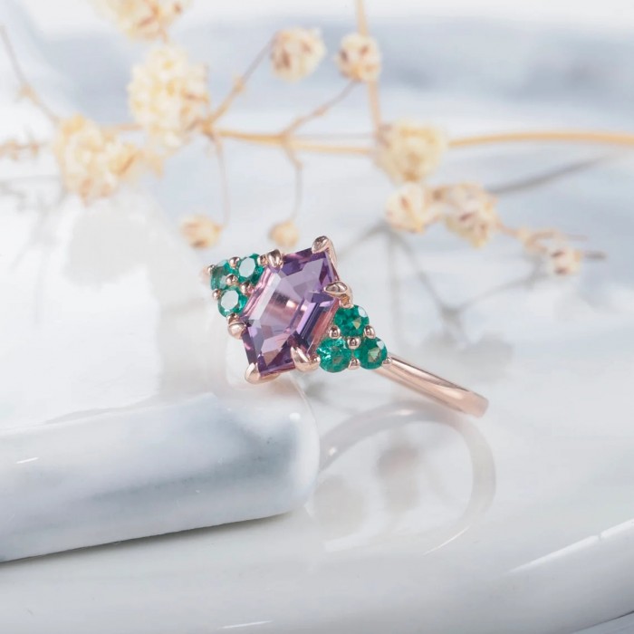 Hexagon Amethyst & Emerald 14K Gold Ring 