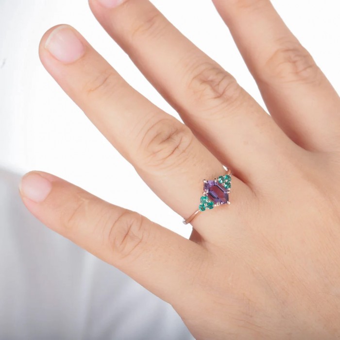 Hexagon Amethyst & Emerald 14K Gold Ring 