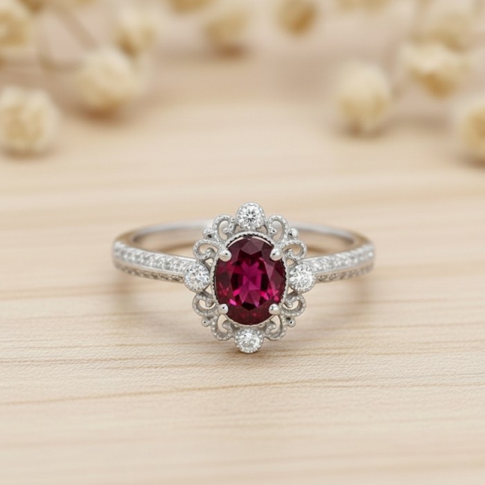 Hakiki Oval Yakut Ve Pırlanta Vintage Yüzük