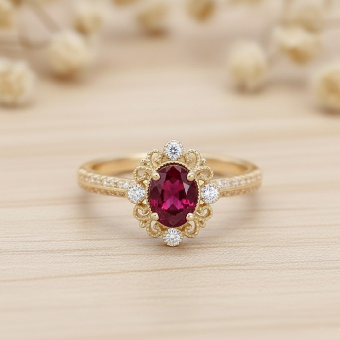 Hakiki Oval Yakut Ve Pırlanta Vintage Yüzük