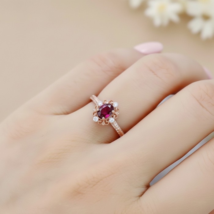 Hakiki Oval Yakut Ve Pırlanta Vintage Yüzük