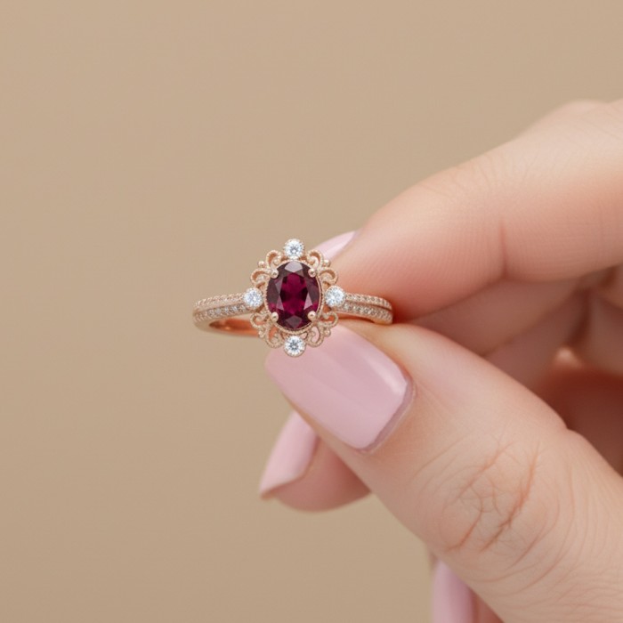 Hakiki Oval Yakut Ve Pırlanta Vintage Yüzük