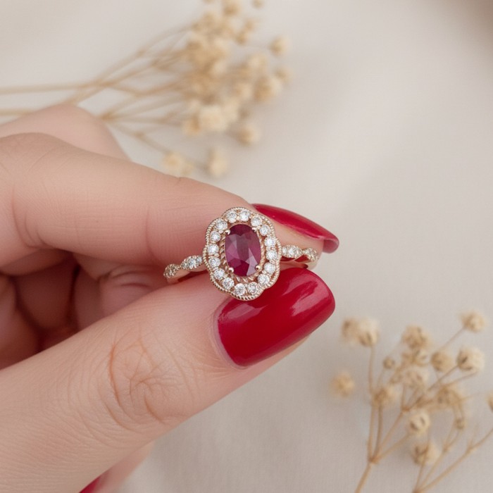 Natural Oval Ruby & Diamond Vintage Ring SS0235