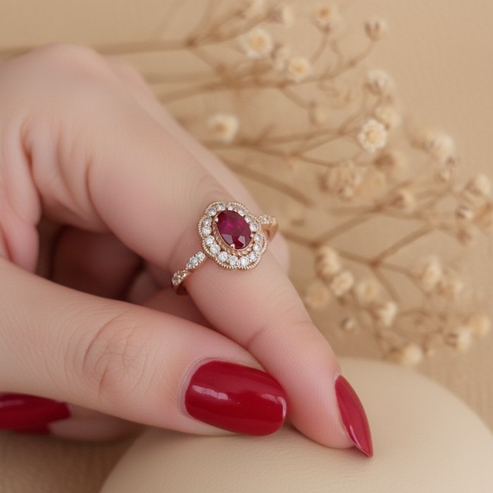 Natural Oval Ruby & Diamond Vintage Ring SS0235