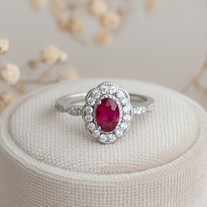 Natural Oval Ruby & Diamond Vintage Ring SS0235