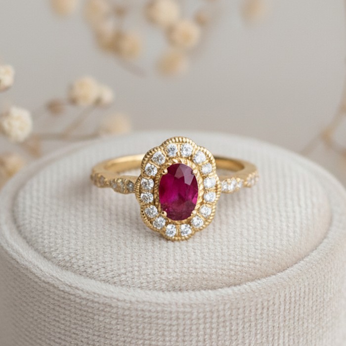 Natural Oval Ruby & Diamond Vintage Ring SS0235