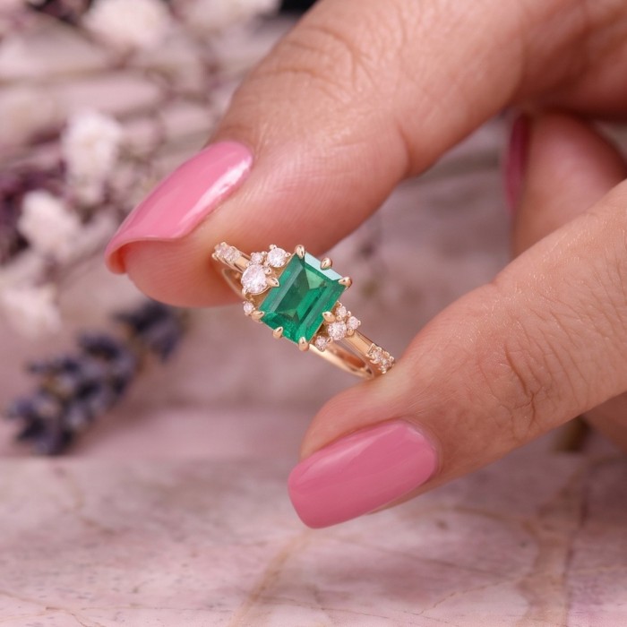 Natural Emerald & Diamond Asymmetric Ring Natural Emerald & Diamond Asymmetric Ring