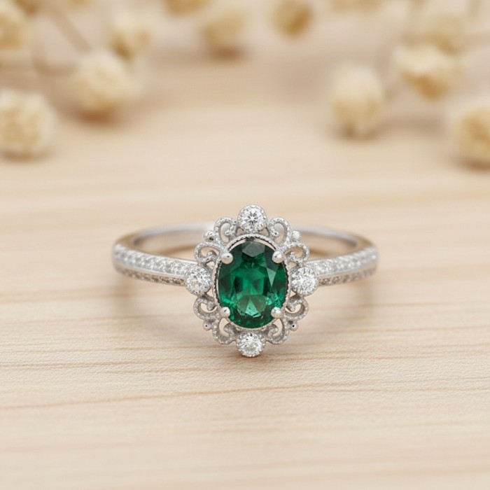 Natural Emerald And Diamond Vintage Ring SS0032