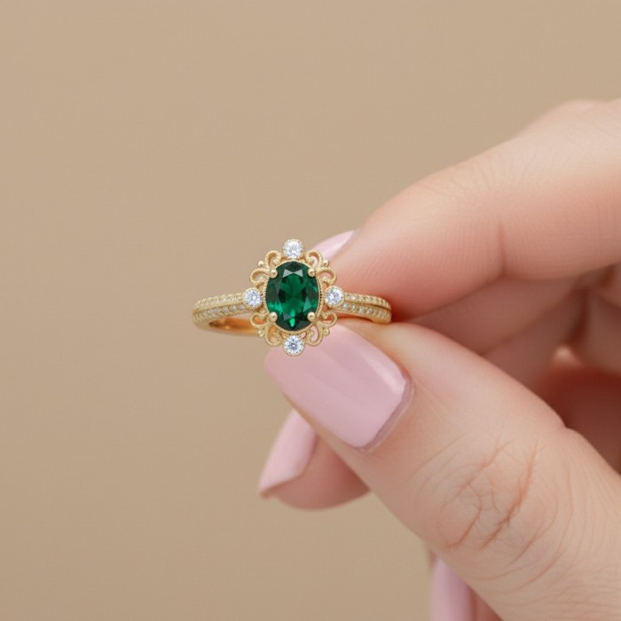 Natural Emerald And Diamond Vintage Ring SS0032