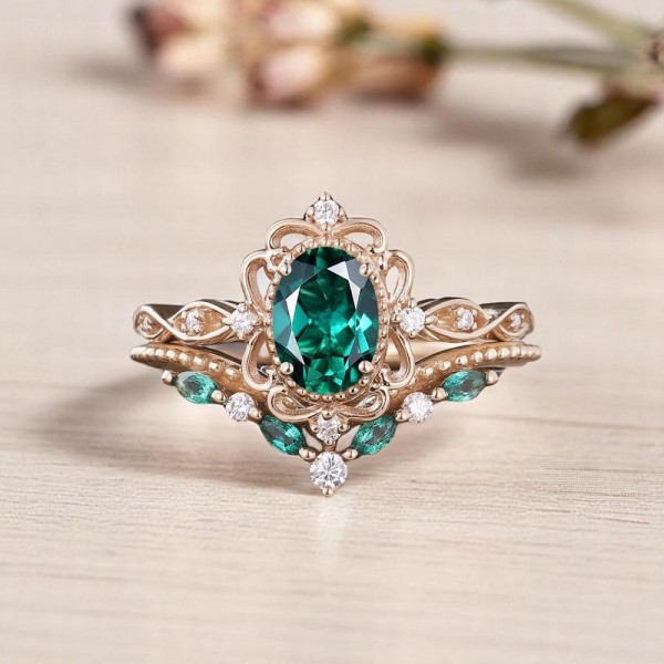 Naturel Zümrüt Ve Pırlanta Vintage Yüzük SS0231