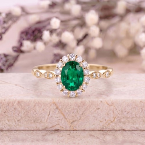 Oval Emerald & Diamond 14K Gold Vintage Rings SS0207