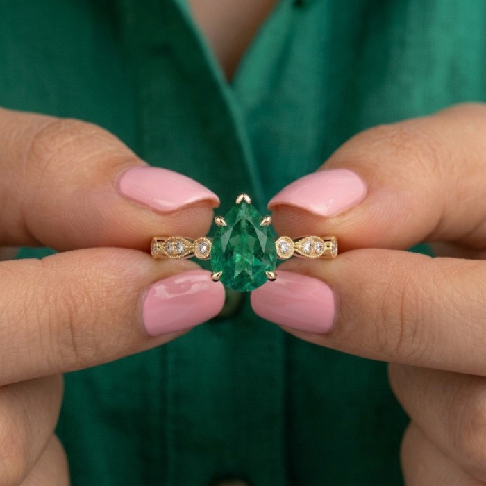 Vintage Tasarım Yüzük Zümrüt Ve Pırlantalı 