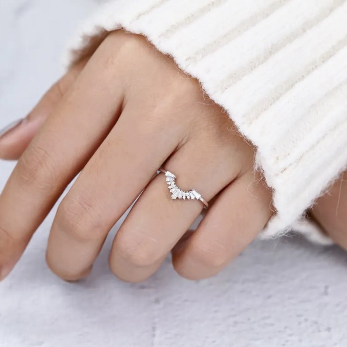 Baguette Diamond 14K Solid Gold Curved Ring SS0317 Baguette Diamond 14K Solid Gold Curved Ring SS0317
