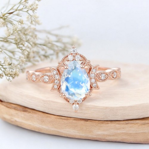 Pear Opal & Diamond Vintage Moon Ring SS0339