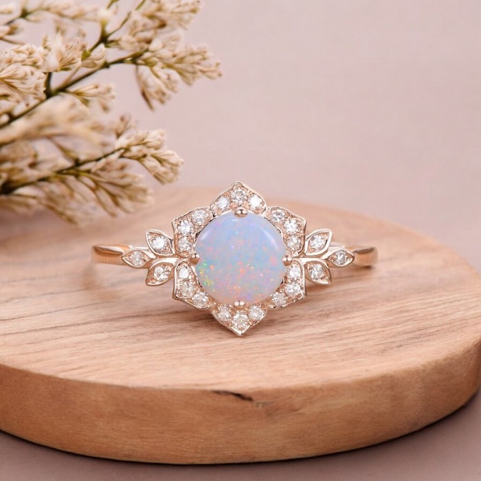 Opal Ve Pırlanta Vintage Tarz Çiçek Tasarım Yüzük 