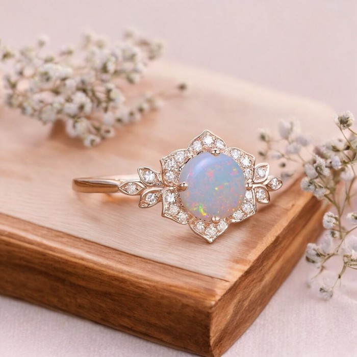 Opal Ve Pırlanta Vintage Tarz Çiçek Tasarım Yüzük 