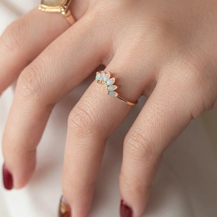 Marquise Opal 14K Solid Gold Lotus Ring SS0323