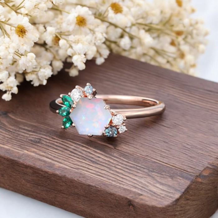Opal & Diamond Emerald Tourmaline Asymmetric Ring 