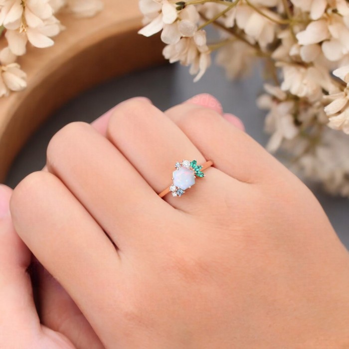 Opal & Diamond Emerald Tourmaline Asymmetric Ring 