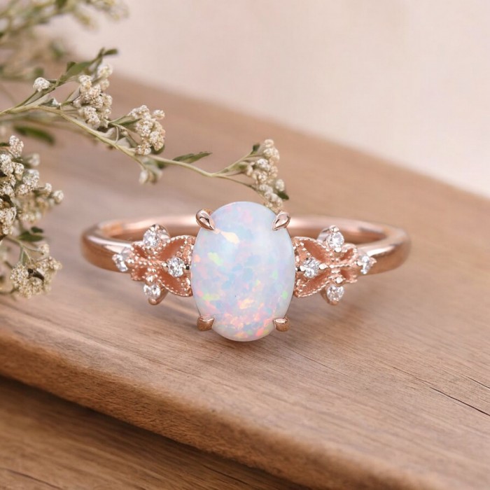 Oval Opal Ve Pırlanta Vintage Tasarım Yüzük Oval Opal Ve Pırlanta Vintage Tasarım Yüzük