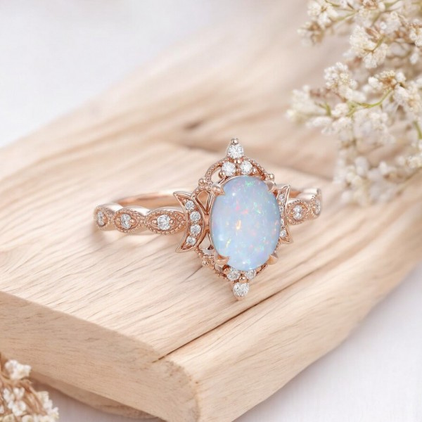 Oval Opal & Diamond Vintage Moon Ring SS0338