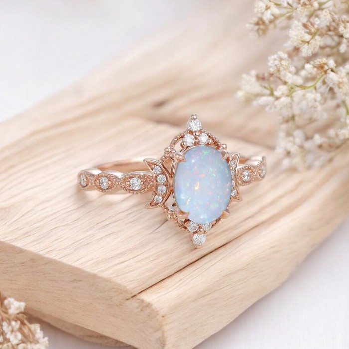 Oval Opal Ve Pırlanta Vintage Hilal Yüzük SS0338 Oval Opal Ve Pırlanta Vintage Hilal Yüzük SS0338