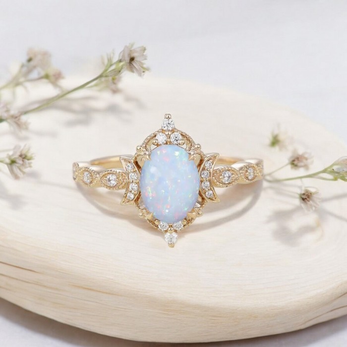 Oval Opal Ve Pırlanta Vintage Hilal Yüzük SS0338 Oval Opal Ve Pırlanta Vintage Hilal Yüzük SS0338