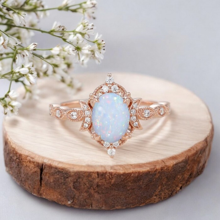 Oval Opal Ve Pırlanta Vintage Hilal Yüzük SS0338 Oval Opal Ve Pırlanta Vintage Hilal Yüzük SS0338