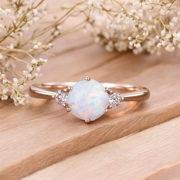 Cabochon Opal & Diamond Classic Design Ring 