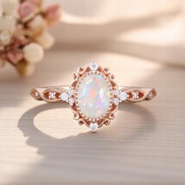 Oval Opal & Diamond Vintage Style Engagement Ring SS0348