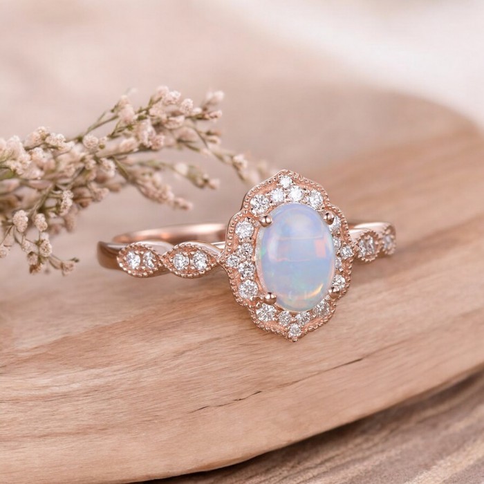 Oval Opal Ve Pırlanta Vintage Yüzük SS0350