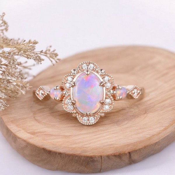 Oval Opal Ve Pırlanta Vintage Tasarım Yüzük 