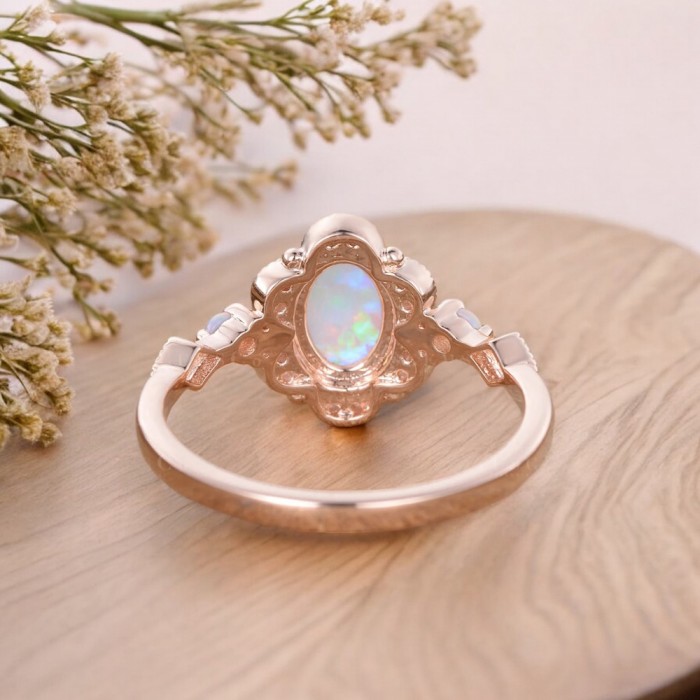 Oval Opal Ve Pırlanta Vintage Tasarım Yüzük 