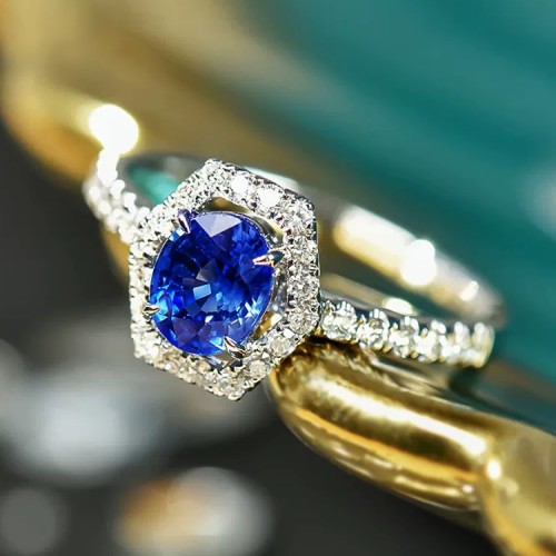 Hexagon Blue Sapphire & Diamond Ring SS0219