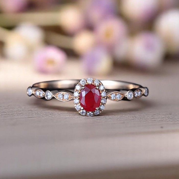 Natural Ruby & Diamond Vintage Style Gold Ring 