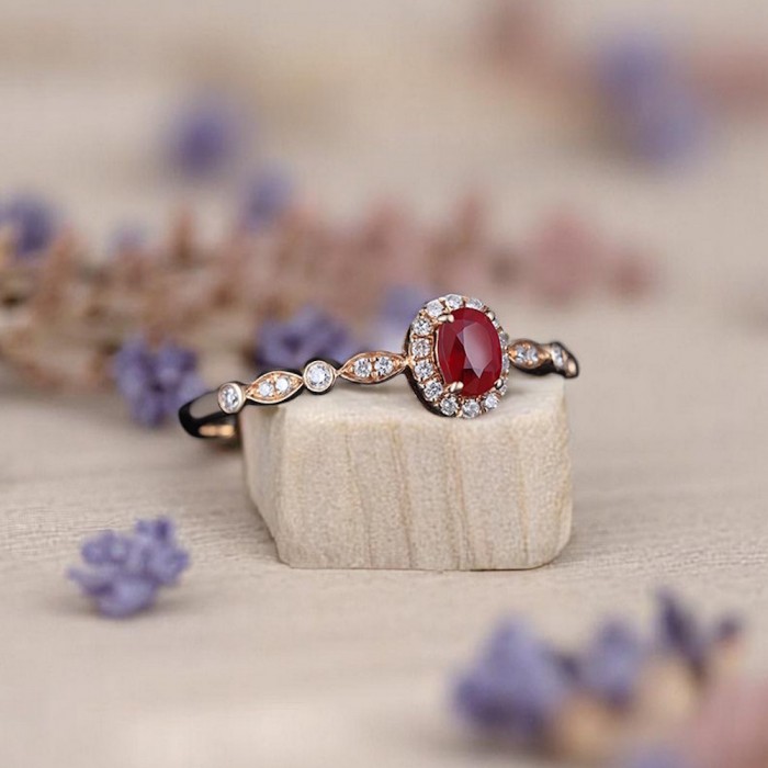Natural Ruby & Diamond Vintage Style Gold Ring 