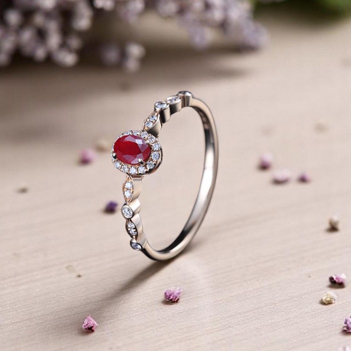 Natural Ruby & Diamond Vintage Style Gold Ring 