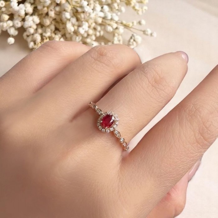 Natural Ruby & Diamond Vintage Style Gold Ring 